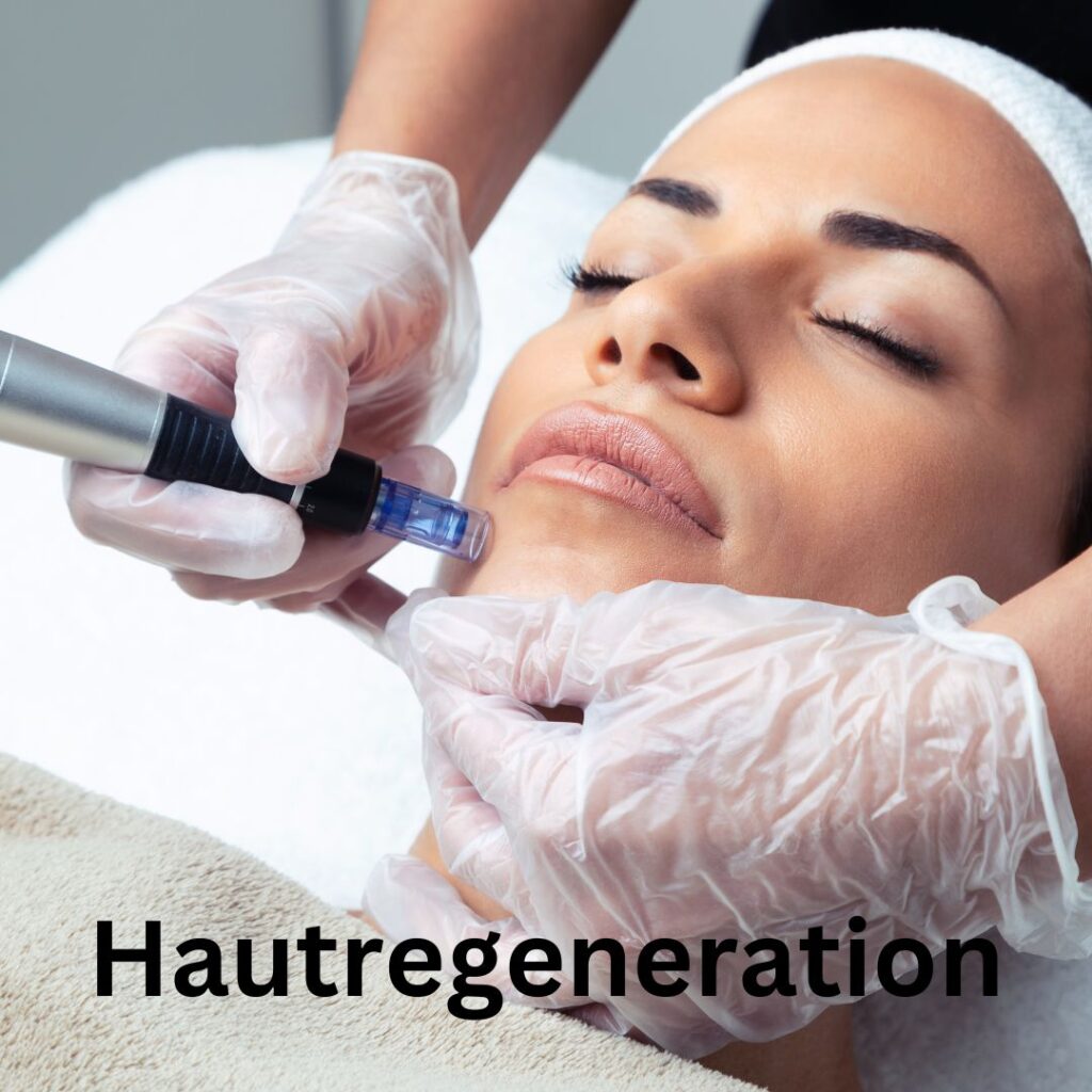 das Gesicht einer Frau wird mir dem Microneedling Pen Behandelt Wirkstoff wird mit Pimpette beigefügt